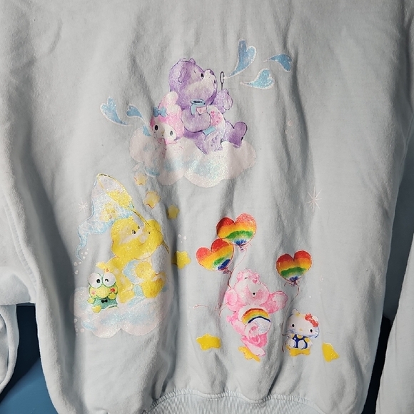 Sanrio Hello Kitty & Care Bear Light Blue Hoodie with Rainbow Accents Small - Picture 9 of 12